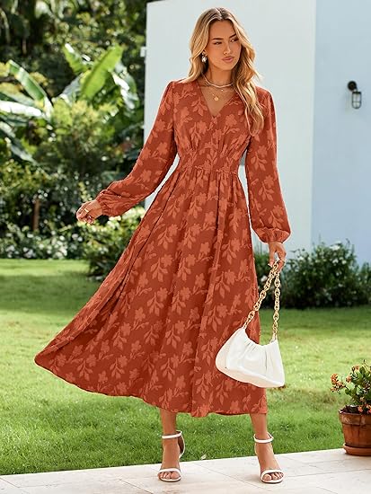 Simplee Womens Boho Floral Long Sleeve Maxi Dress